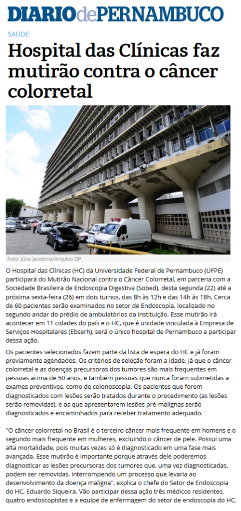 Hospital das Clínicas faz mutirão contra o câncer colorretal